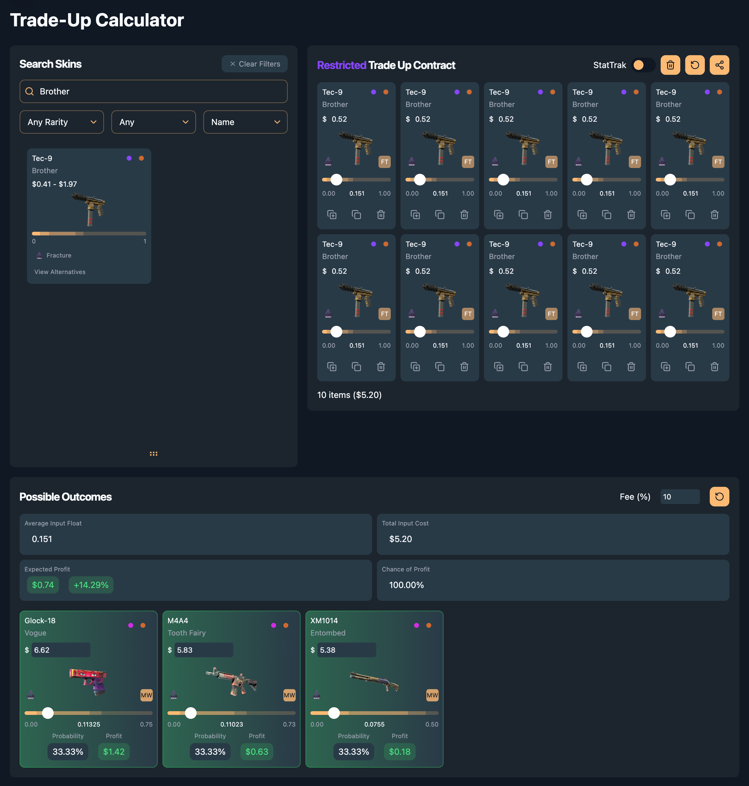 A profitable CS2 trade-up contract for the Fracture Collection shown in the CSDelta calculator.